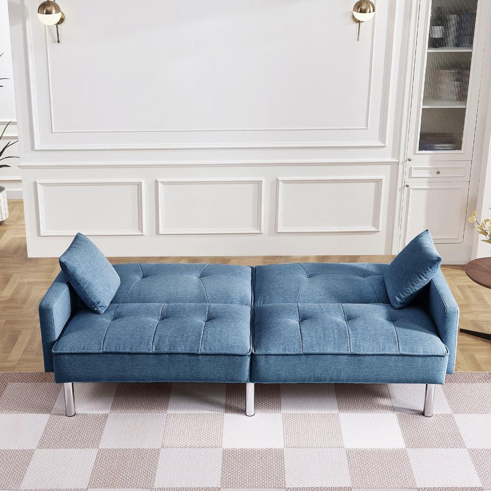 85" Blue Polyester Blend, Silver Convertible Futon Sleeper Sofa, Toss Pillows. Picture 5