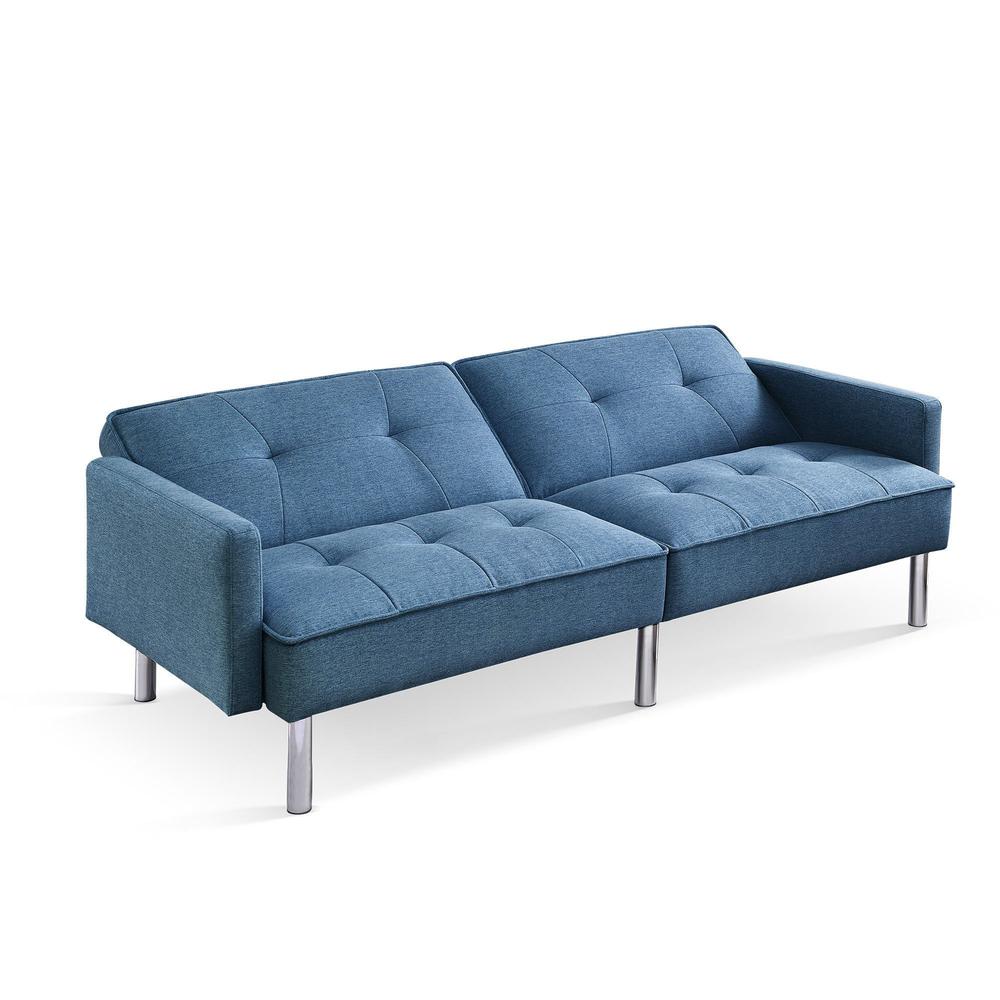 85" Blue Polyester Blend, Silver Convertible Futon Sleeper Sofa, Toss Pillows. Picture 1