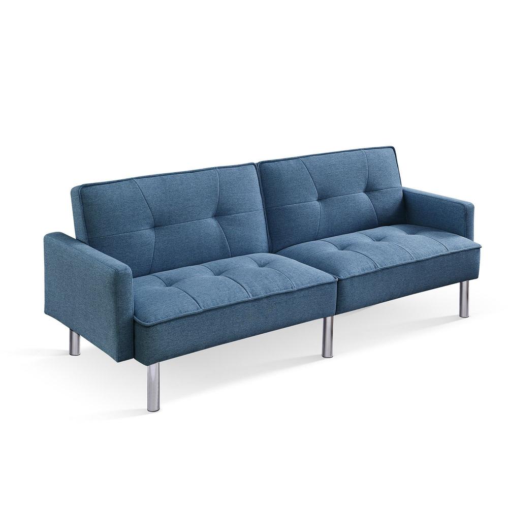 85" Blue Polyester Blend, Silver Convertible Futon Sleeper Sofa, Toss Pillows. Picture 3