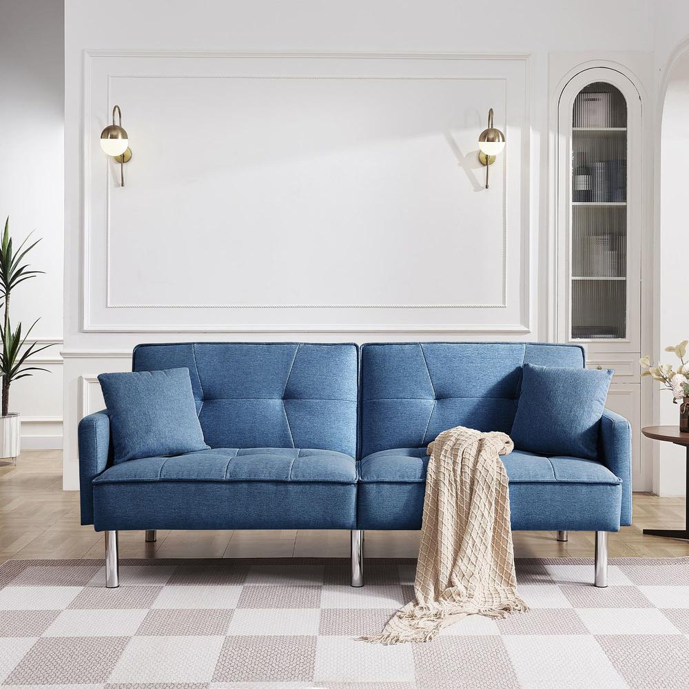 85" Blue Polyester Blend, Silver Convertible Futon Sleeper Sofa, Toss Pillows. Picture 6