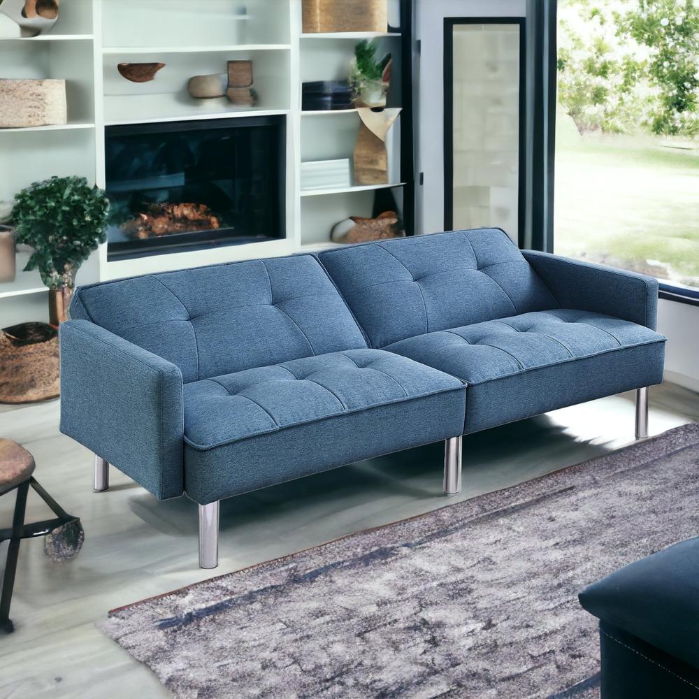 85" Blue Polyester Blend, Silver Convertible Futon Sleeper Sofa, Toss Pillows. Picture 2
