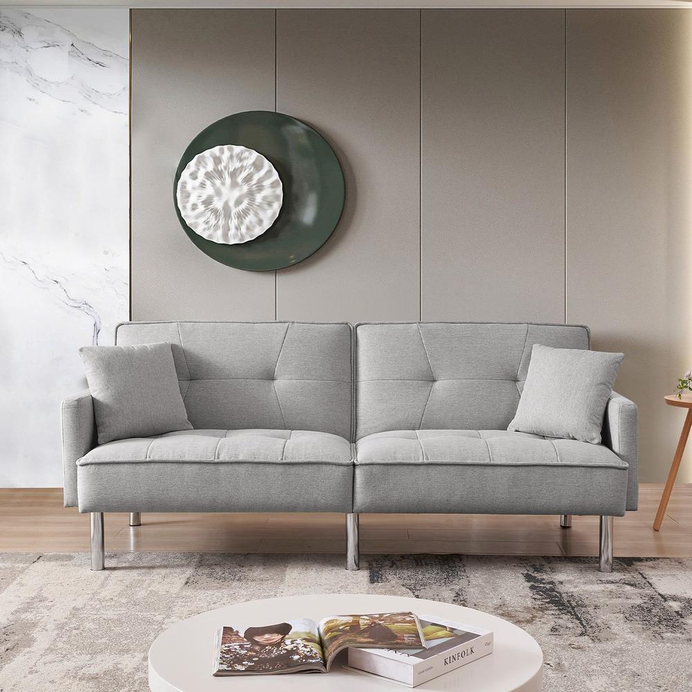 Light Gray Polyester Blend, Silver Convertible Futon Sleeper Sofa, Toss Pillows. Picture 3