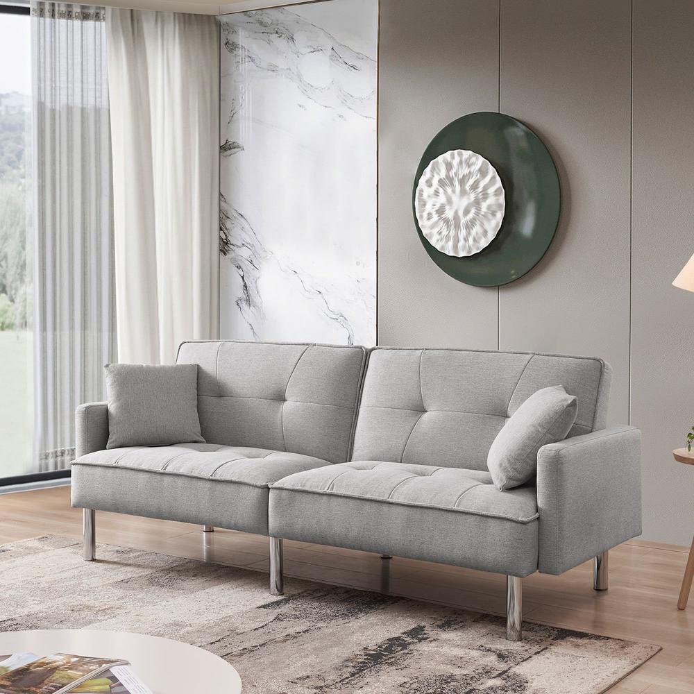 Light Gray Polyester Blend, Silver Convertible Futon Sleeper Sofa, Toss Pillows. Picture 4