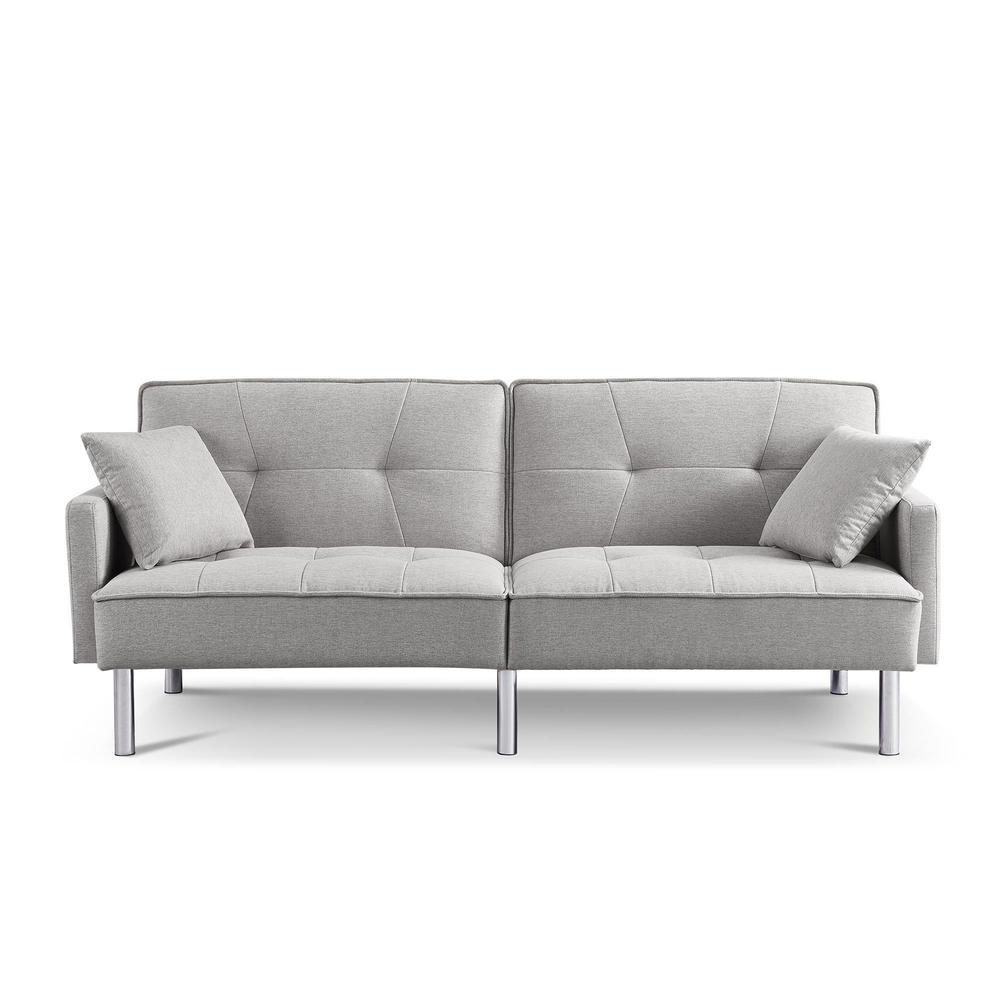 Light Gray Polyester Blend, Silver Convertible Futon Sleeper Sofa, Toss Pillows. Picture 1