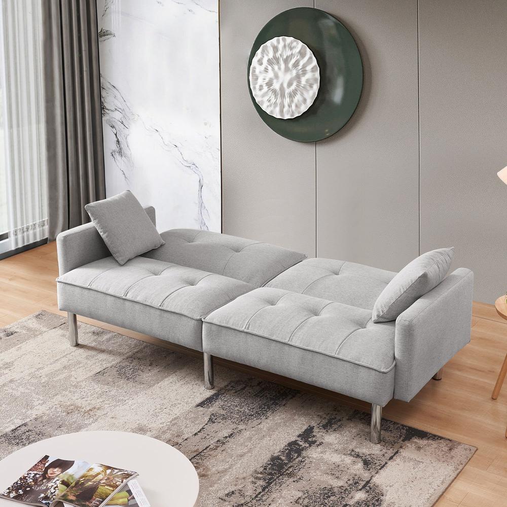 Light Gray Polyester Blend, Silver Convertible Futon Sleeper Sofa, Toss Pillows. Picture 5
