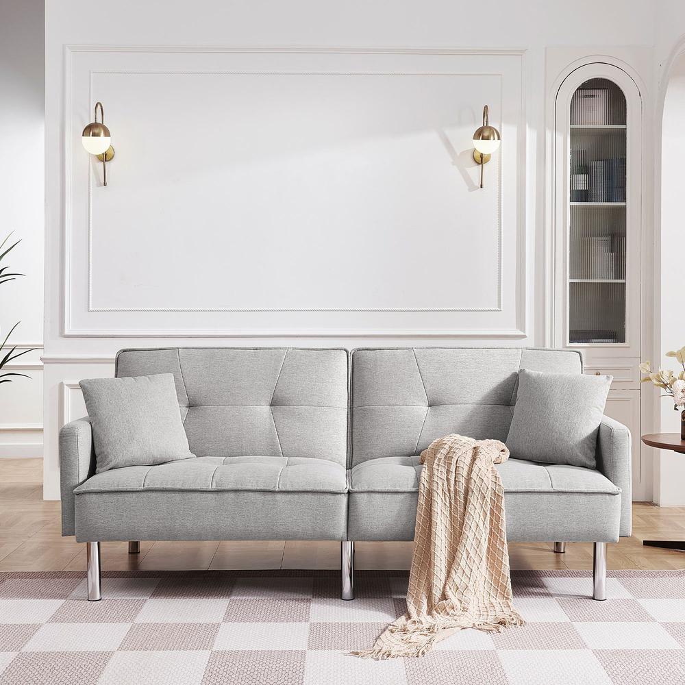 Light Gray Polyester Blend, Silver Convertible Futon Sleeper Sofa, Toss Pillows. Picture 6