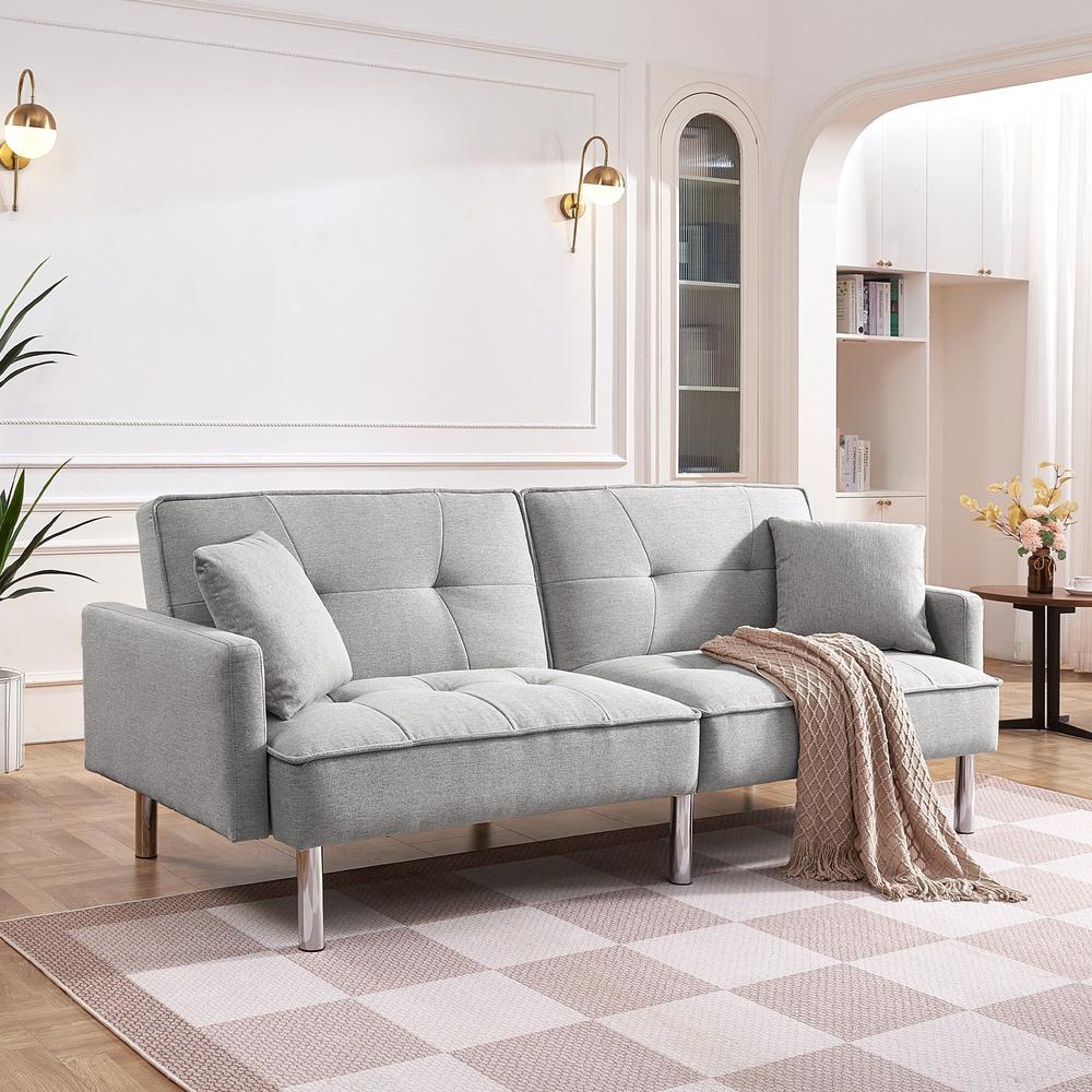 Light Gray Polyester Blend, Silver Convertible Futon Sleeper Sofa, Toss Pillows. Picture 7
