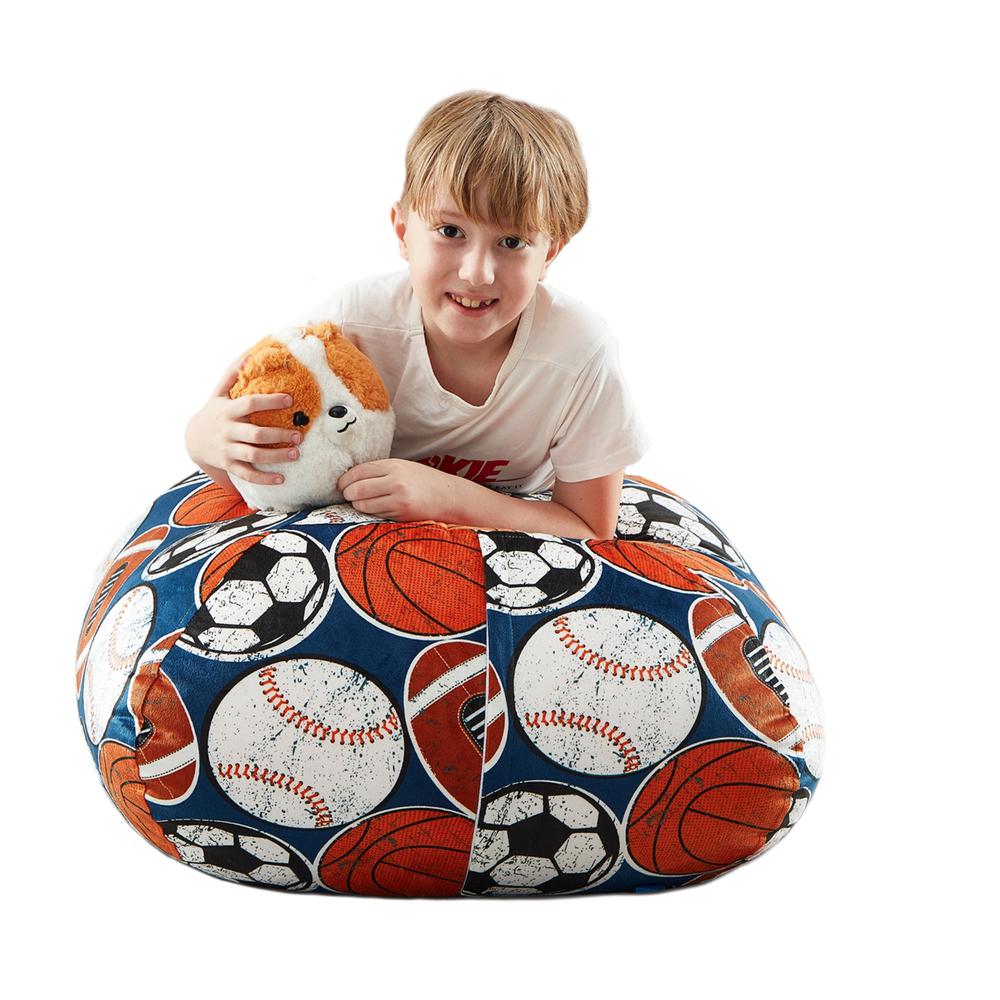32" Blue and White Microfiber Round Sports Pouf Cover. Picture 1
