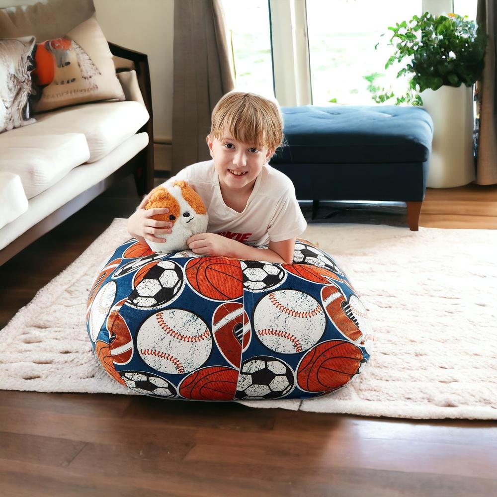 32" Blue and White Microfiber Round Sports Pouf Cover. Picture 2