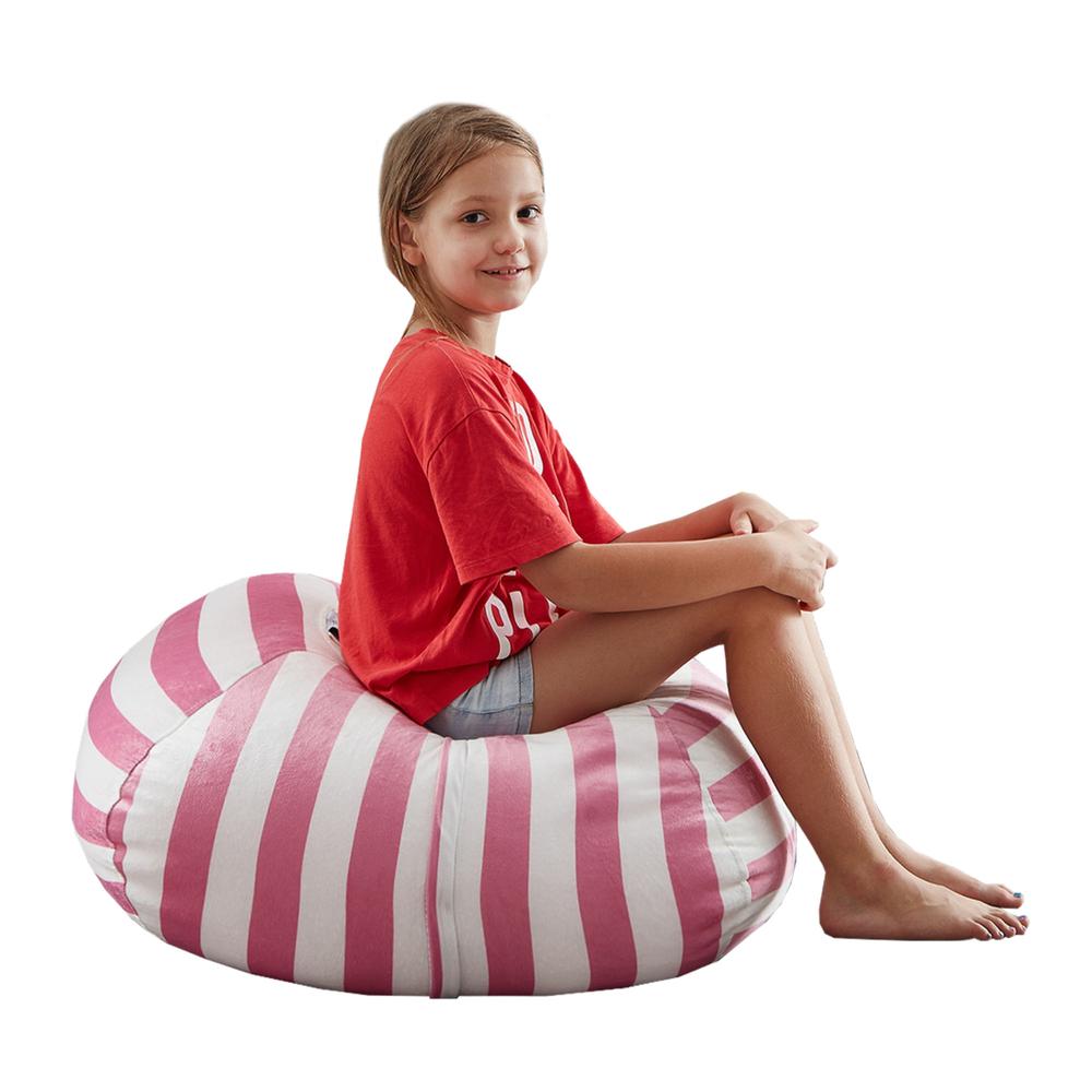 32" Pink and White Microfiber Round Striped Pouf Cover. Picture 1