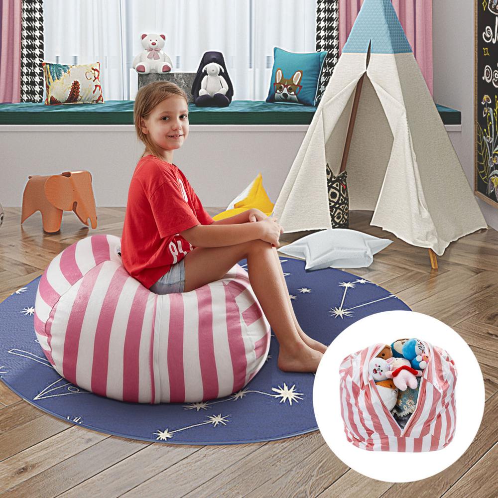 32" Pink and White Microfiber Round Striped Pouf Cover. Picture 5