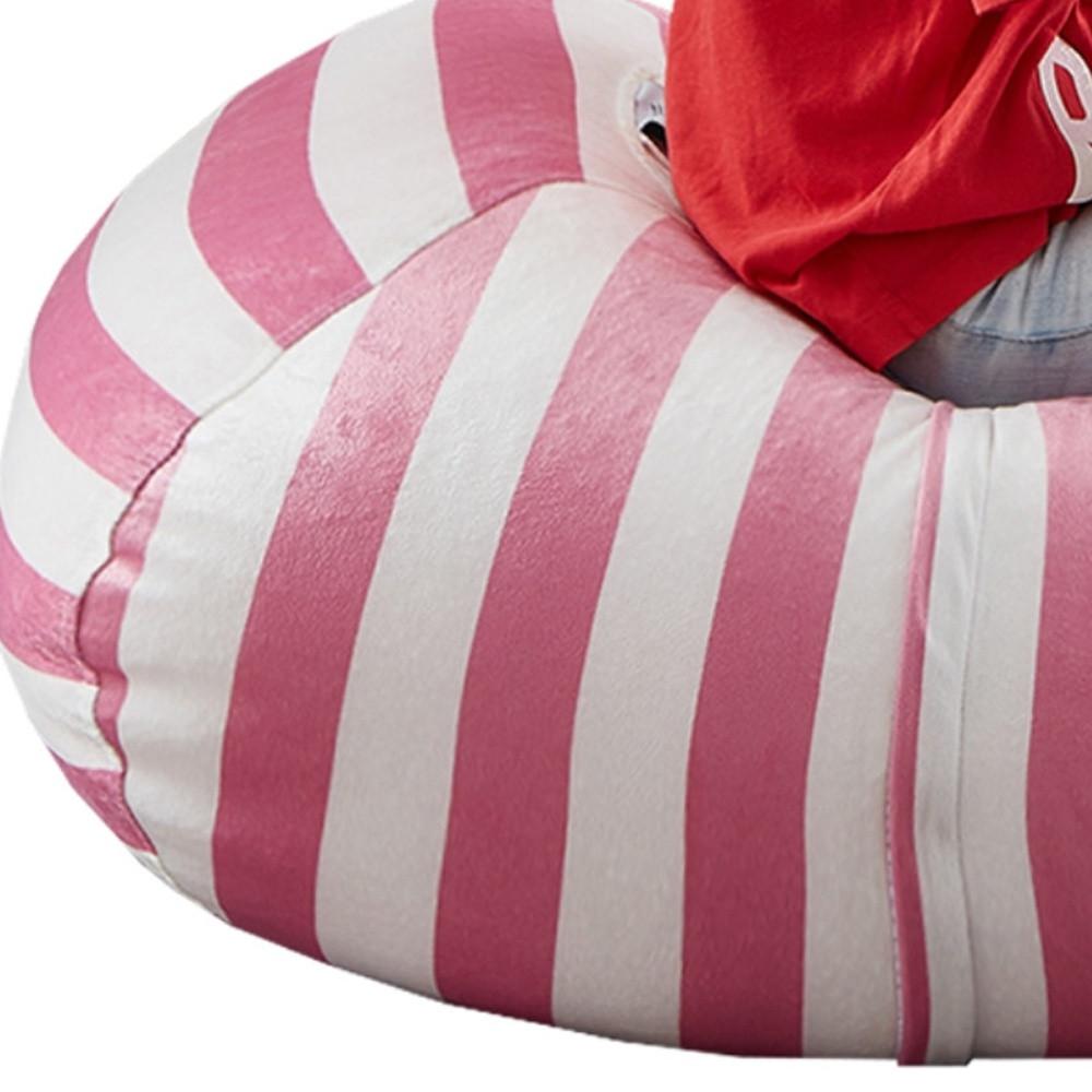 32" Pink and White Microfiber Round Striped Pouf Cover. Picture 4