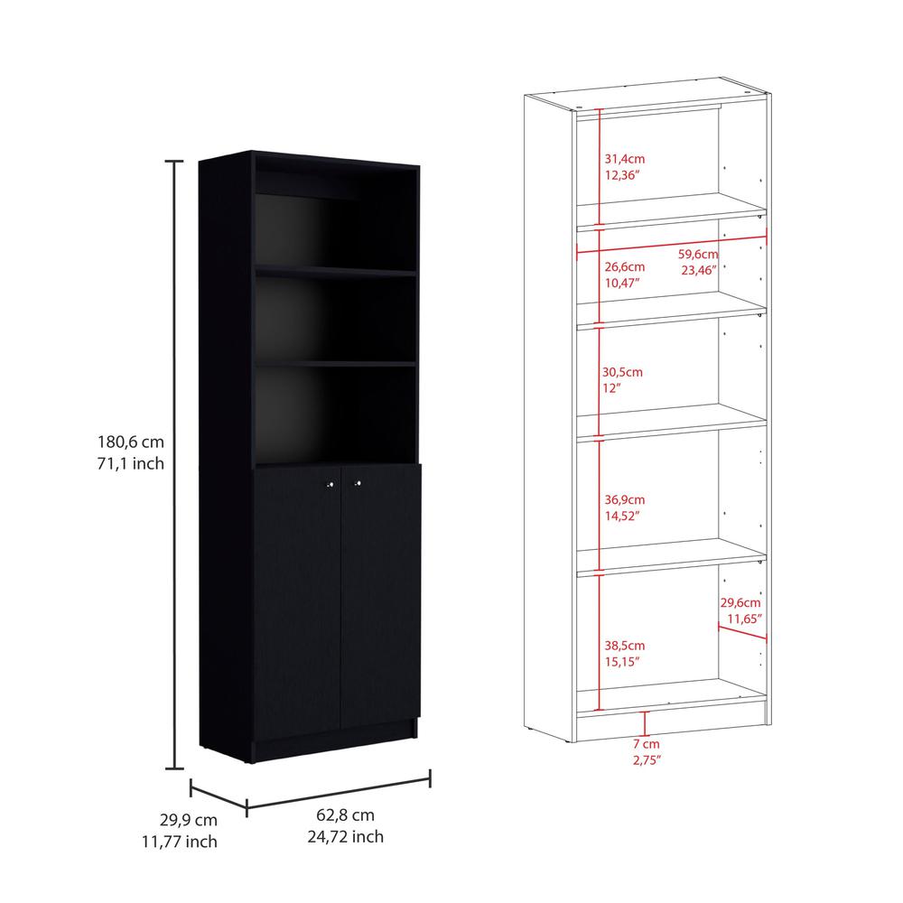 71" Black Five Tier Bookcase with Four doors. Picture 8