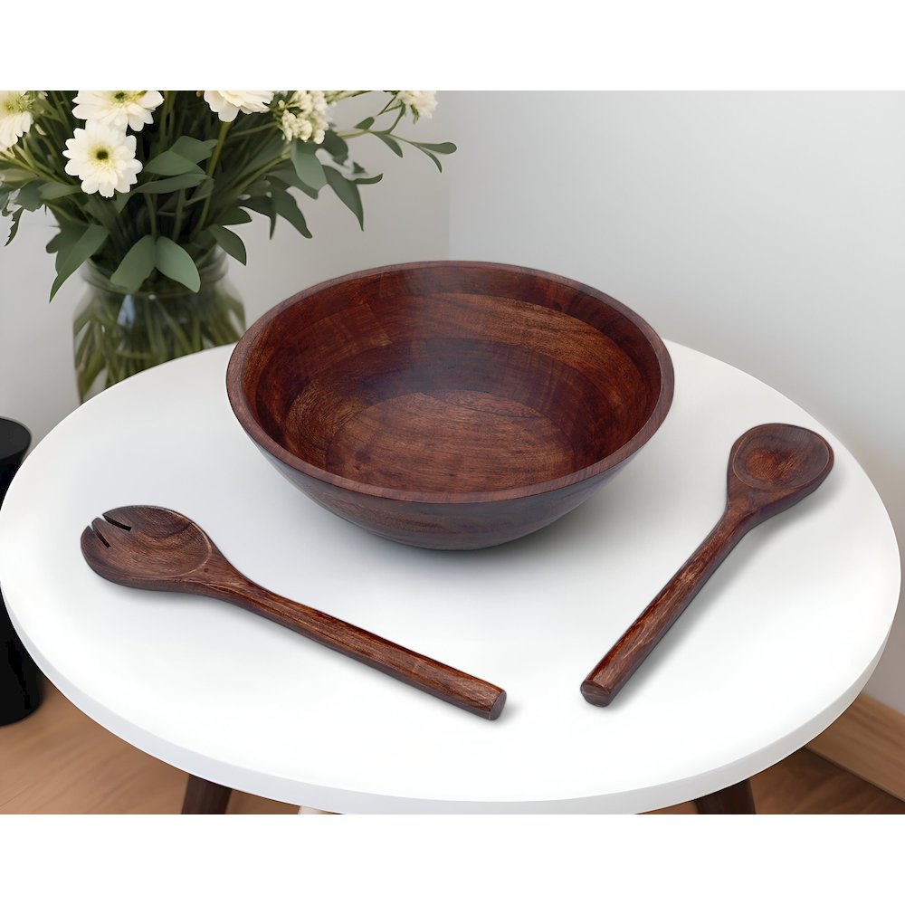 Three Piece Brown Cherry Acacia Wood Salad Bowl And Servers Set. Picture 1