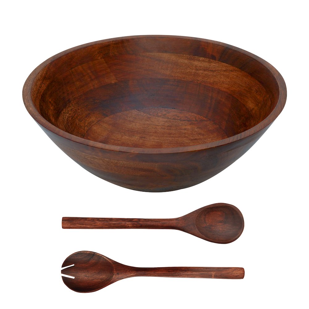 Three Piece Brown Cherry Acacia Wood Salad Bowl And Servers Set. Picture 2