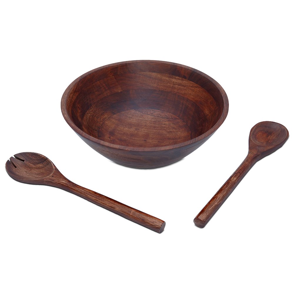 Three Piece Brown Cherry Acacia Wood Salad Bowl And Servers Set. Picture 3