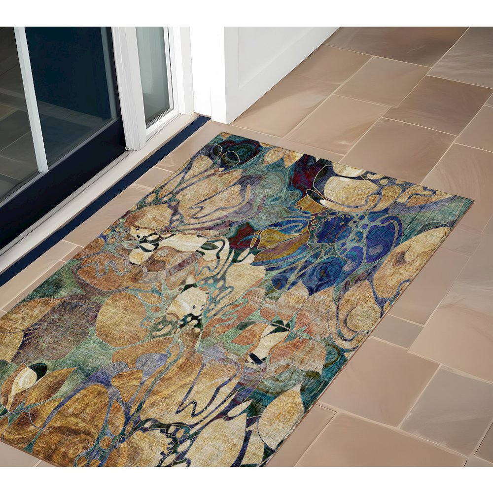 3' X 4' Beige and Blue Abstract Washable Indoor Outdoor Area Rug. Picture 9