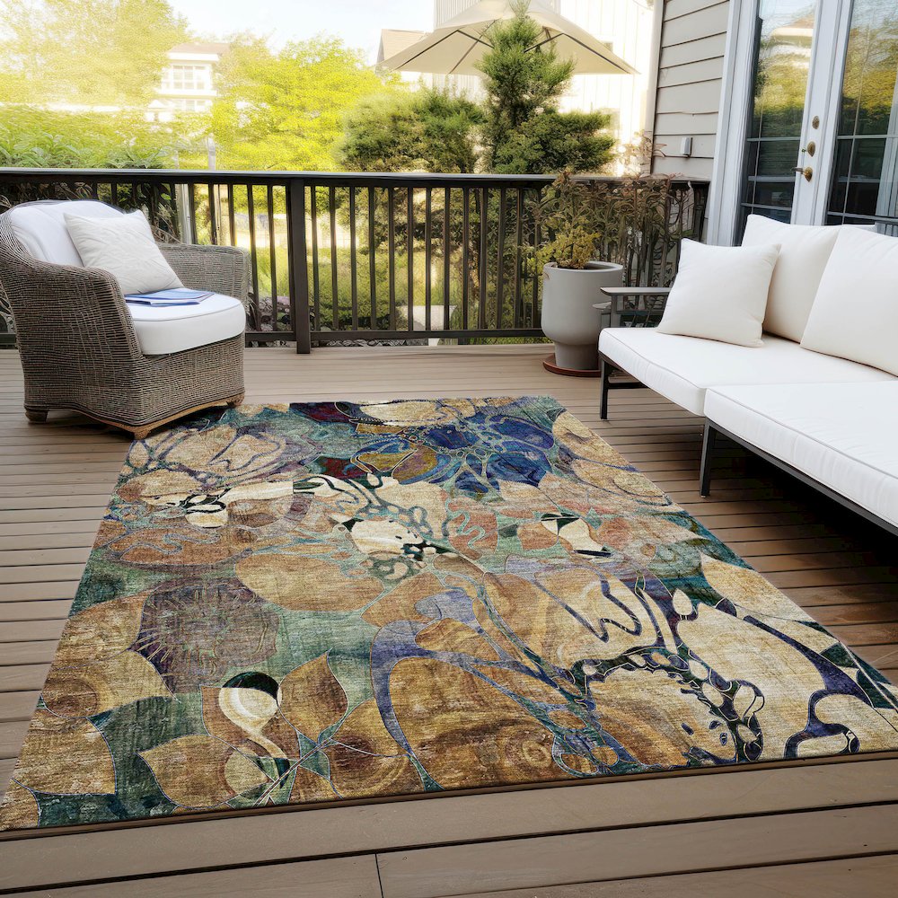 3' X 4' Beige and Blue Abstract Washable Indoor Outdoor Area Rug. Picture 8