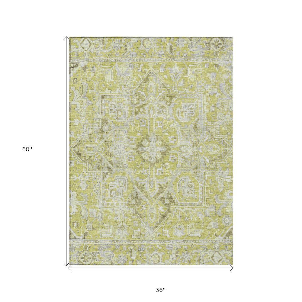 3' X 5' Artichoke Green Oriental Washable Non Skid Indoor Outdoor Area Rug. Picture 1