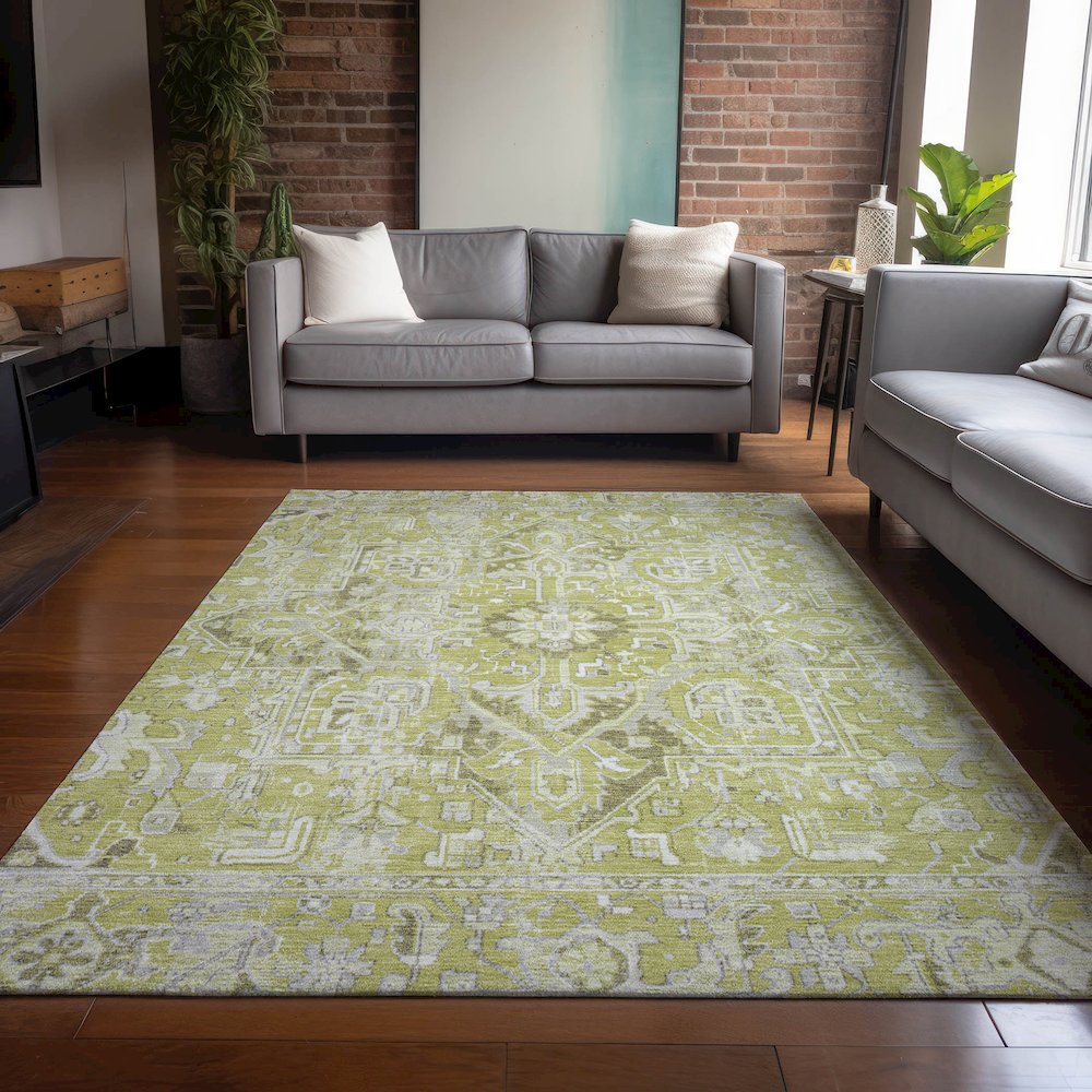 3' X 5' Artichoke Green Oriental Washable Non Skid Indoor Outdoor Area Rug. Picture 8