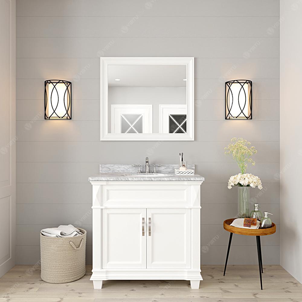 Victoria 36" Bath Vanity in White with Marble Top and Sink and Mirror MS-2636-WMRO-WH. Picture 1