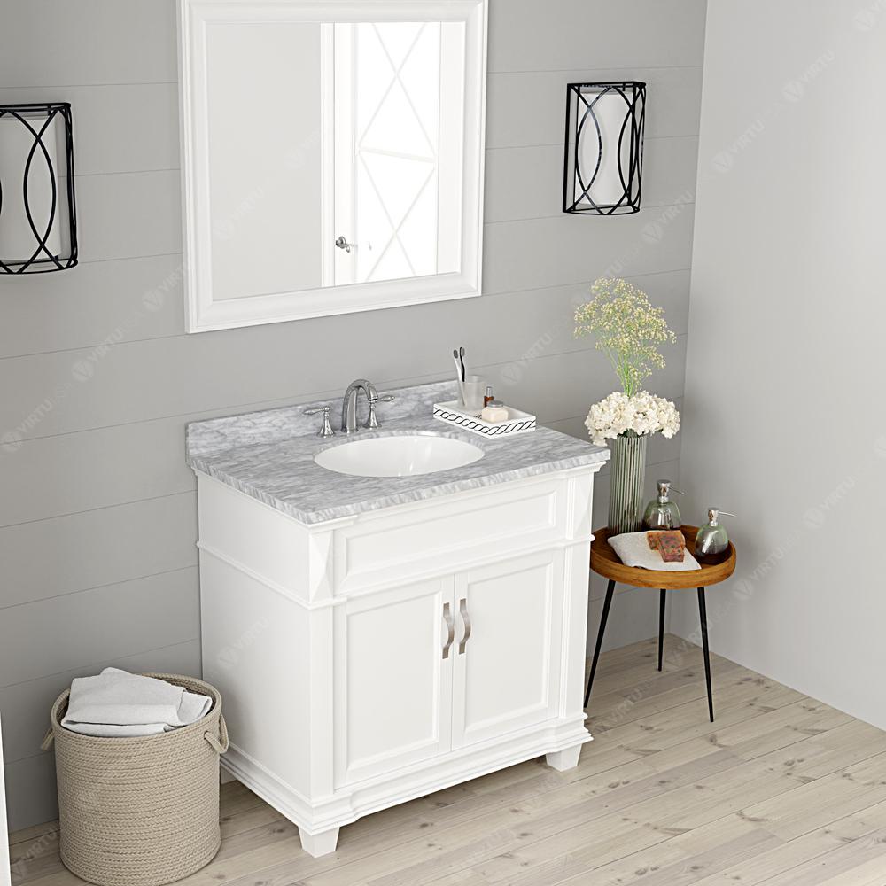 Victoria 36" Bath Vanity in White with Marble Top and Sink and Mirror MS-2636-WMRO-WH. Picture 6