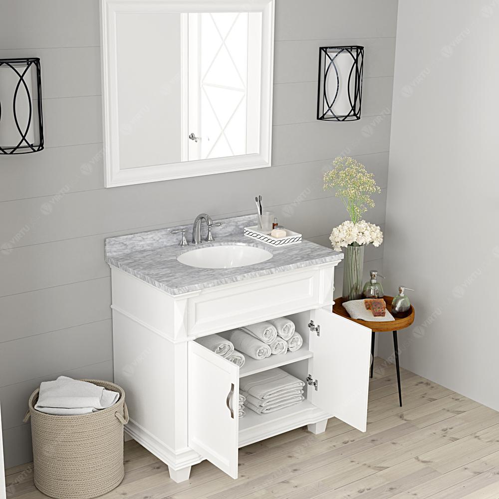 Victoria 36" Bath Vanity in White with Marble Top and Sink and Mirror MS-2636-WMRO-WH. Picture 7