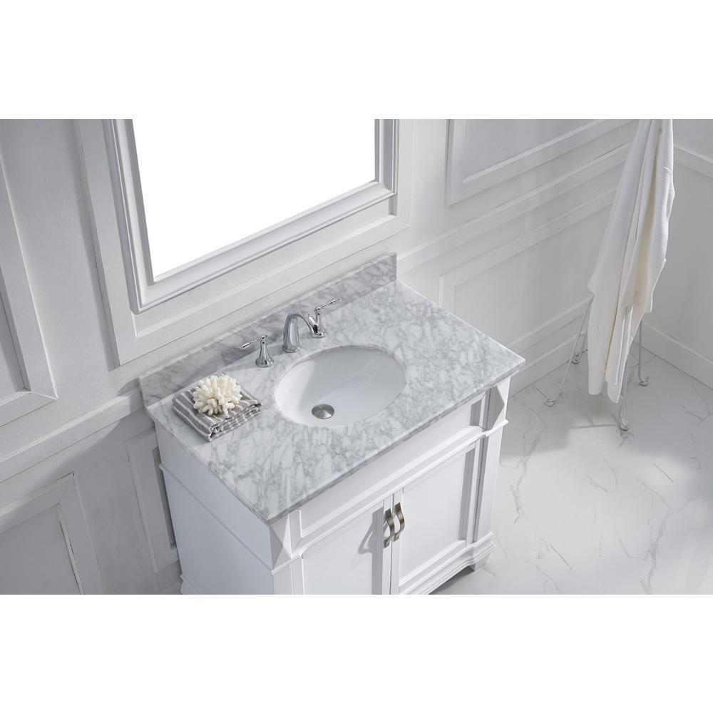 Victoria 36" Bath Vanity in White with Marble Top and Sink and Mirror MS-2636-WMRO-WH. Picture 3