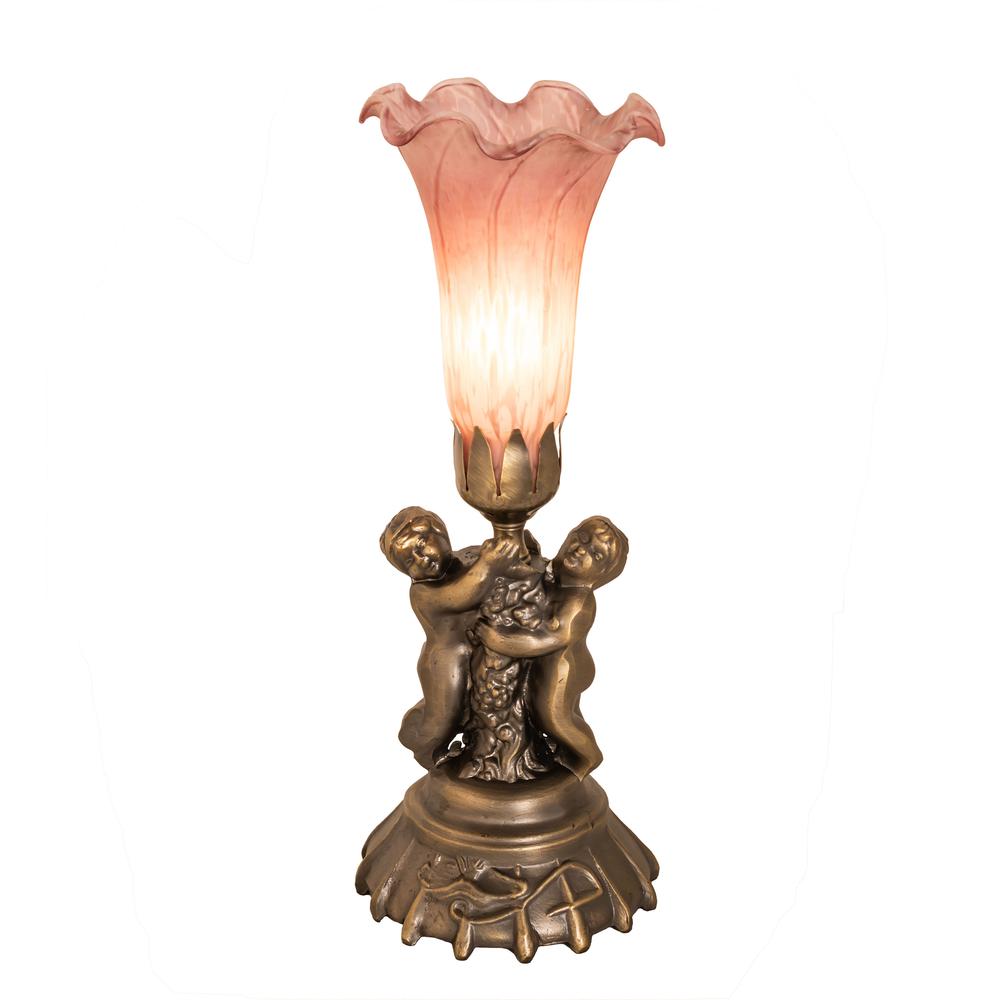 13" High Pink Tiffany Pond Lily Twin Cherub Accent Lamp. Picture 1