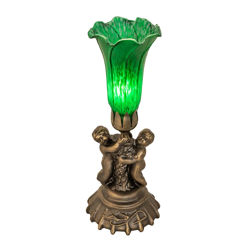 13" High Green Tiffany Pond Lily Twin Cherub Accent Lamp. Picture 1