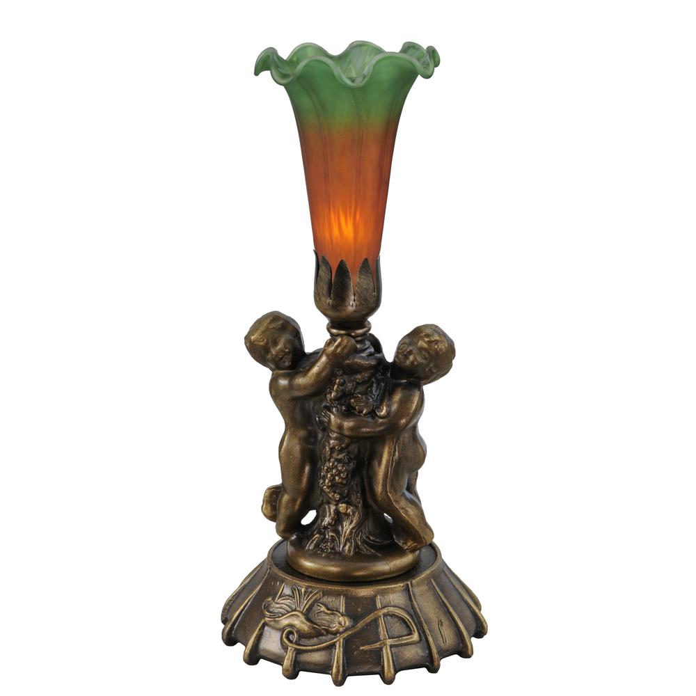 12" High Amber/Green Tiffany Pond Lily Twin Cherub Mini Lamp. Picture 1