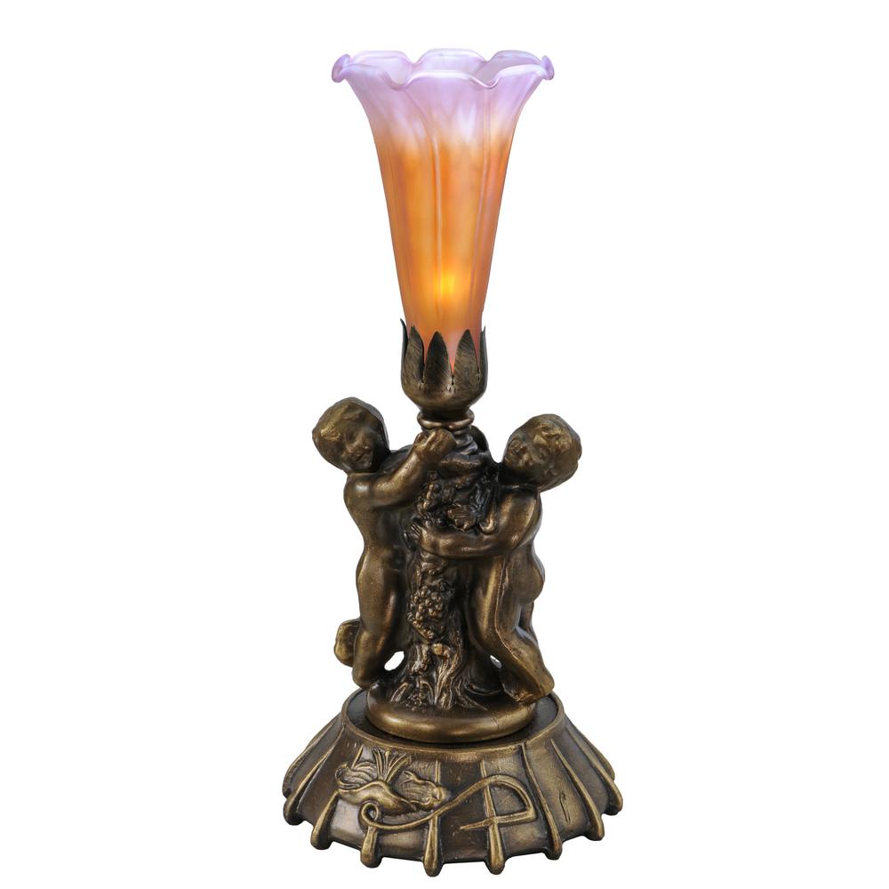 12" High Amber/Purple Tiffany Pond Lily Twin Cherub Mini Lamp. Picture 1
