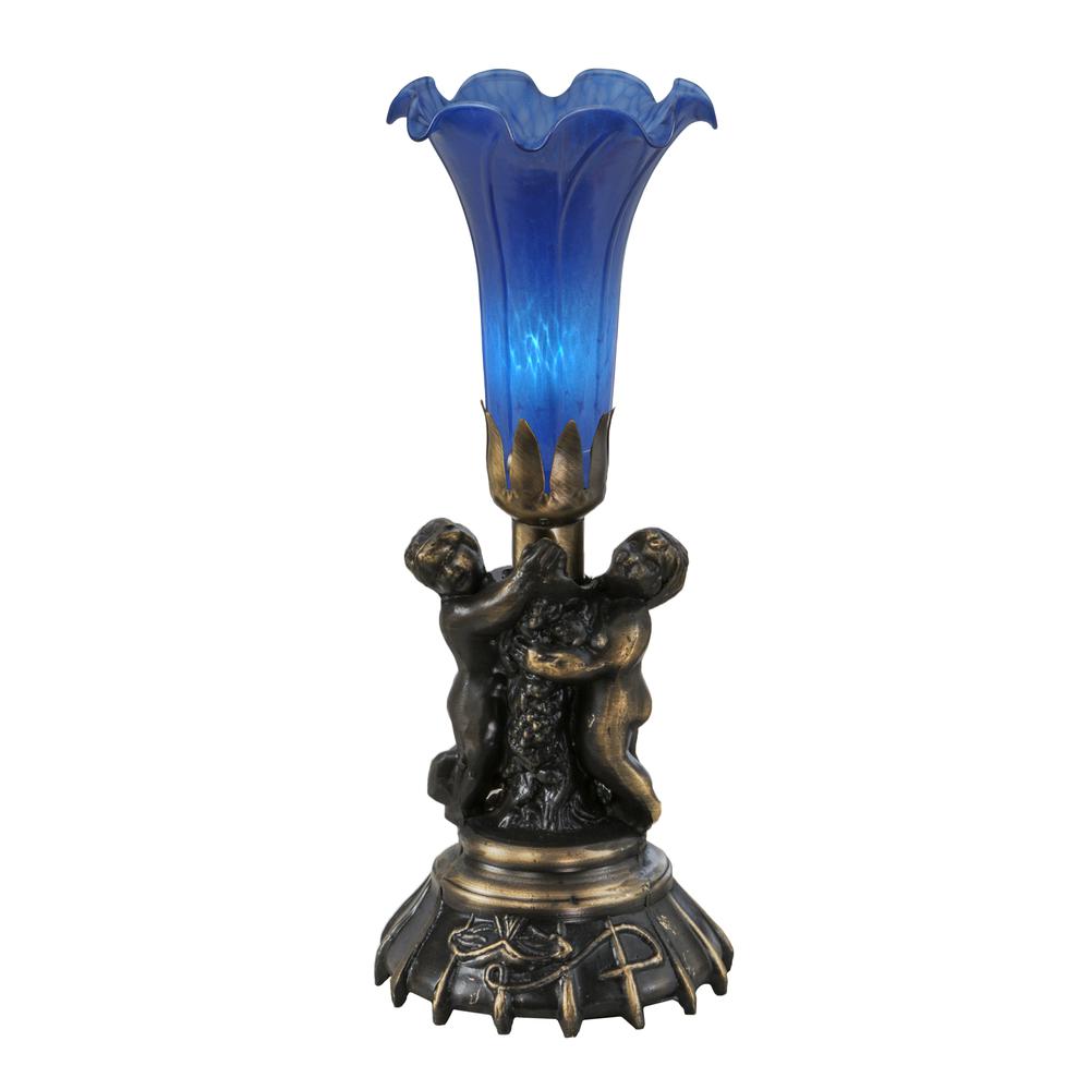 12" High Blue Pond Lily Twin Cherub Mini Lamp. Picture 1