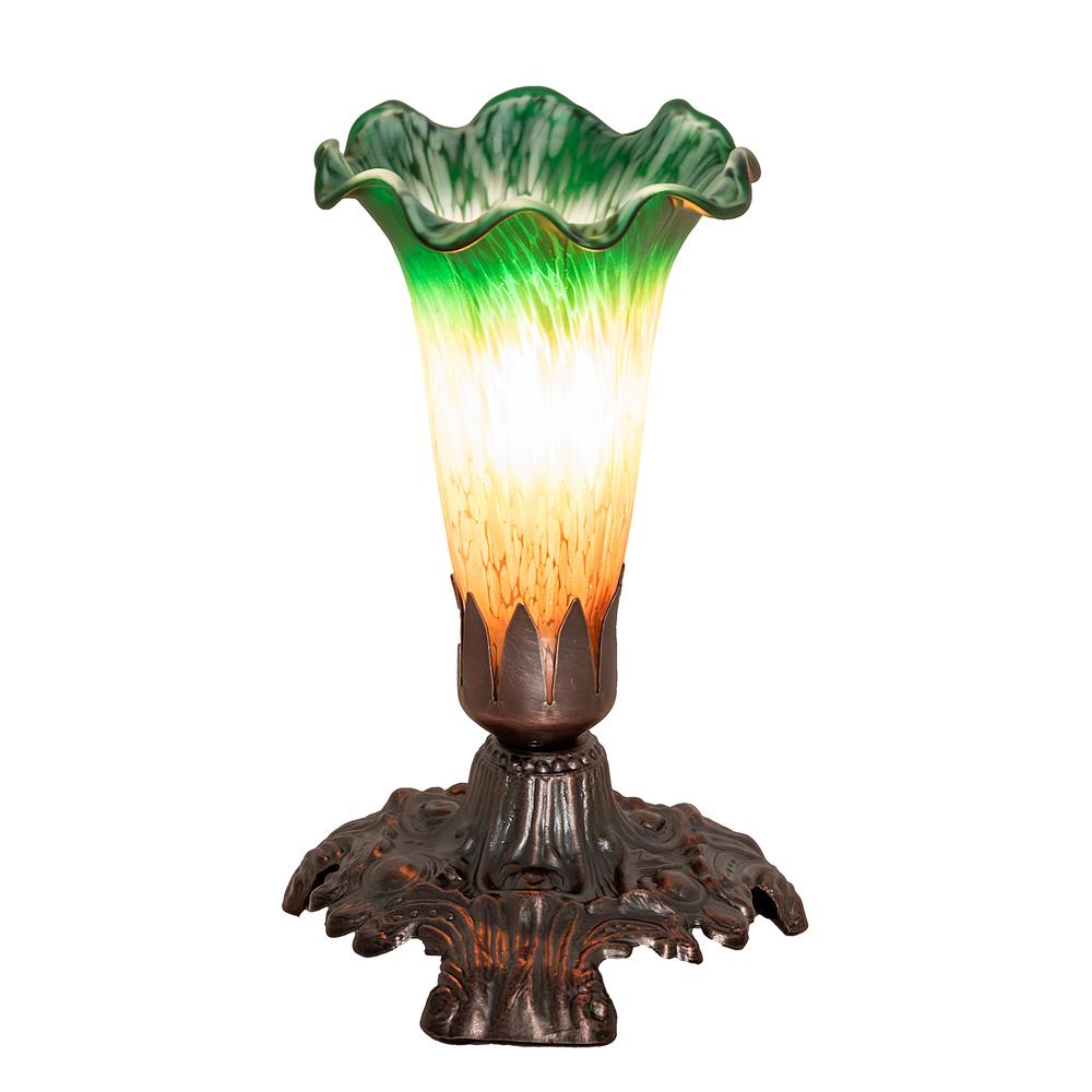 7" High Amber/Green Tiffany Pond Lily Victorian Mini Lamp. Picture 1