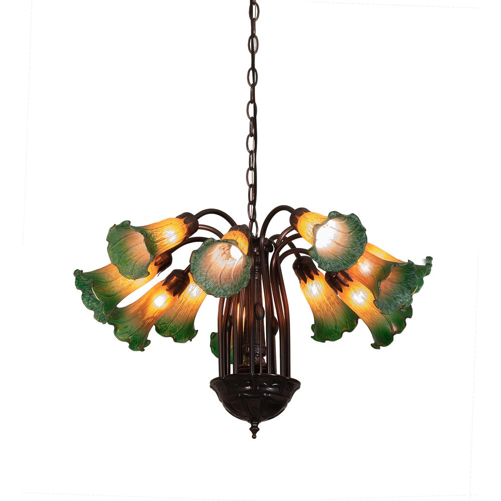 20" Wide Amber/Green Pond Lily 12 LT Chandelier. Picture 1