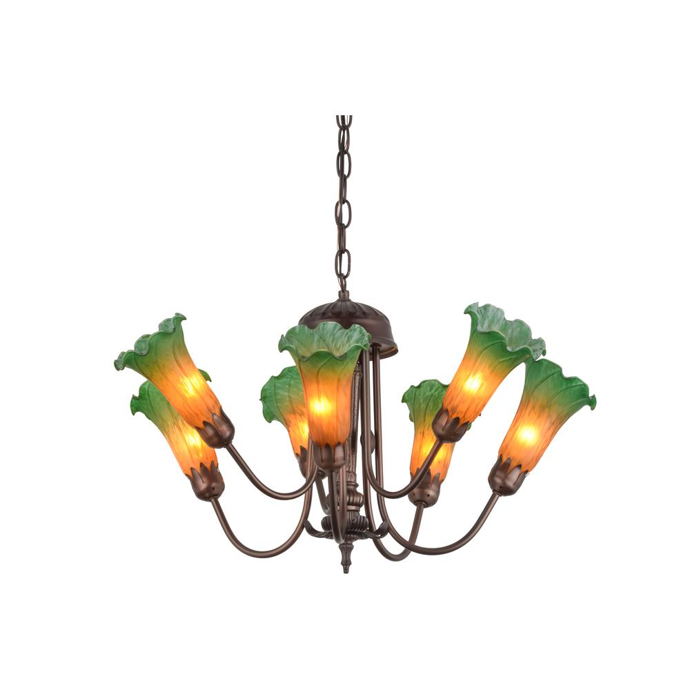 24" Wide Amber/Green Tiffany Pond Lily 7 LT Chandelier. Picture 1