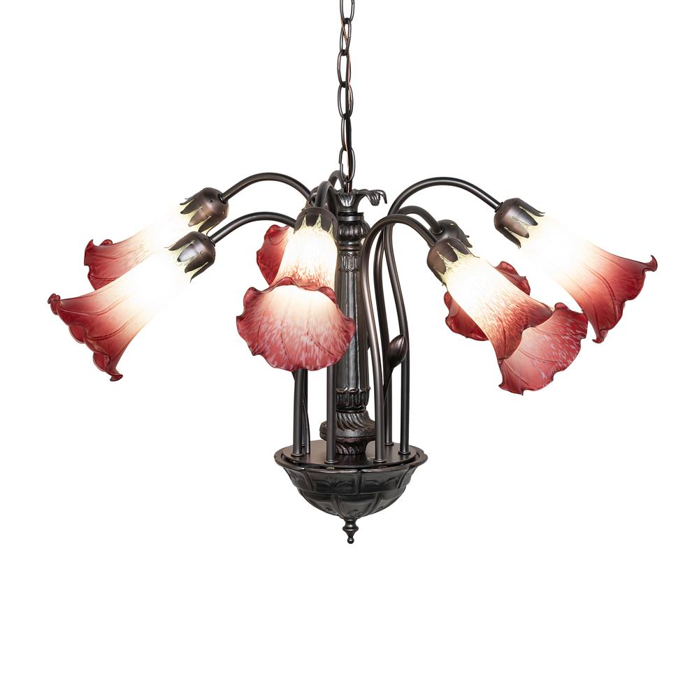 24" Wide Seafoam/Cranberry Tiffany Pond Lily 7 Light Chandelier. Picture 1