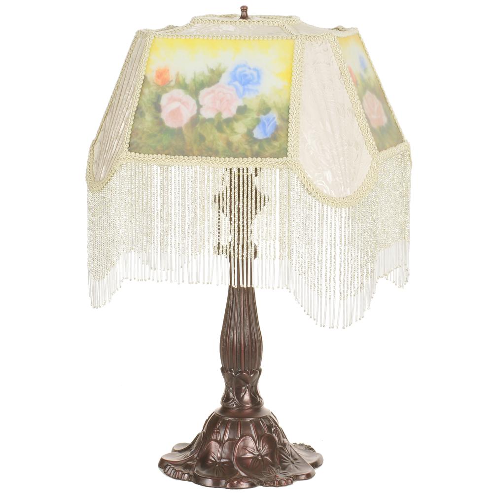24" High Reverse Painted Roses Fabric with Fringe Accent Lamp. Picture 1