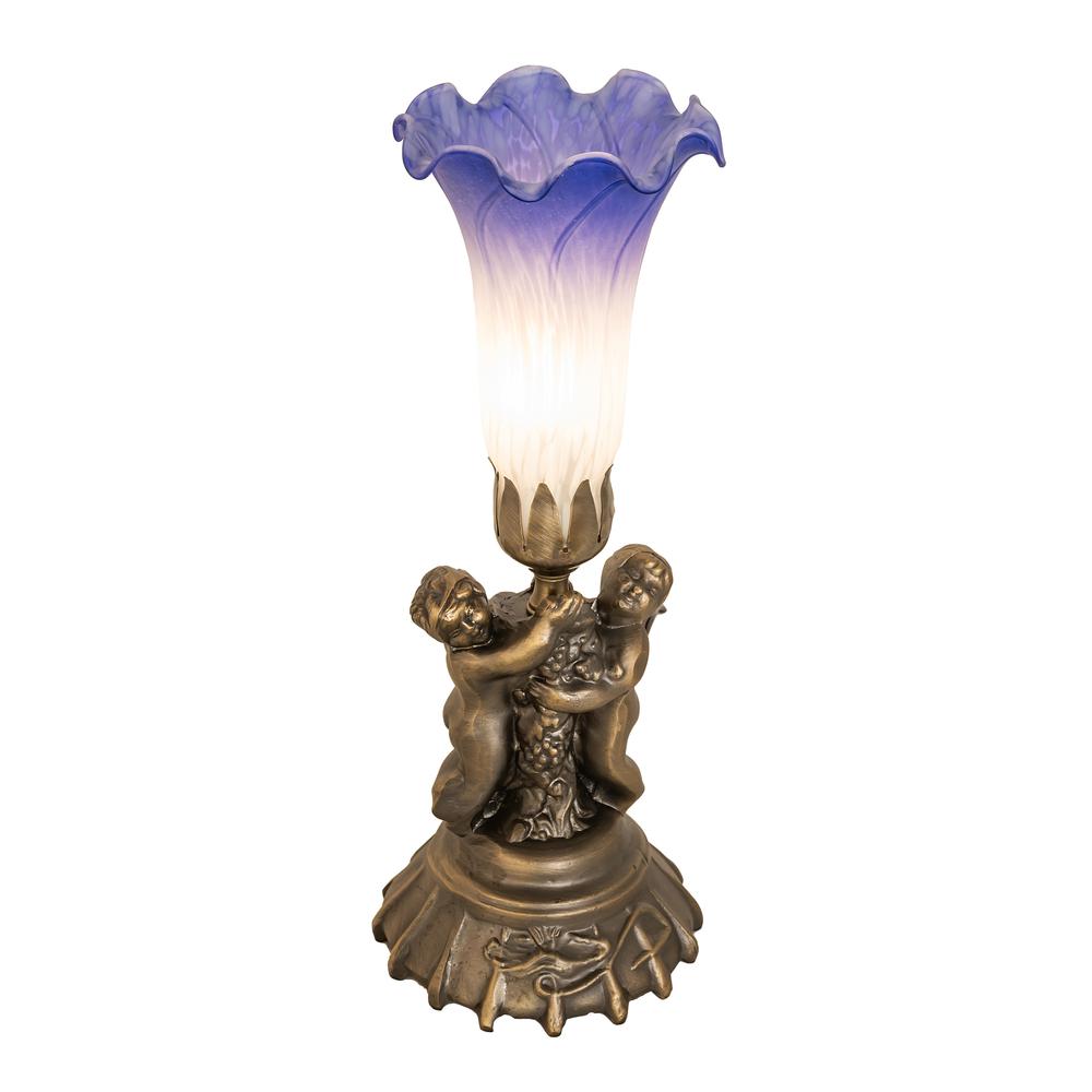 13" High Blue/White Pond Lily Twin Cherub Mini Lamp. Picture 1