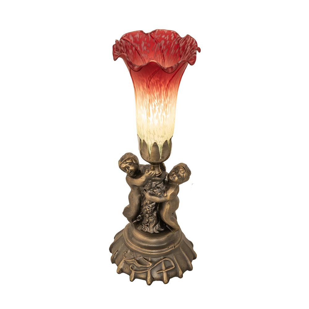 13" High Seafoam/Cranberry Tiffany Pond Lily Twin Cherub Accent Lamp. Picture 1