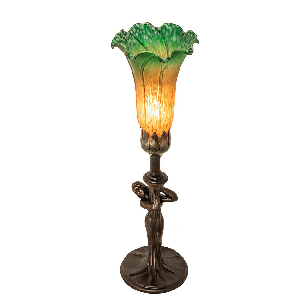 15" High Amber/Green Tiffany Pond Lily Nouveau Lady Accent Lamp. Picture 1