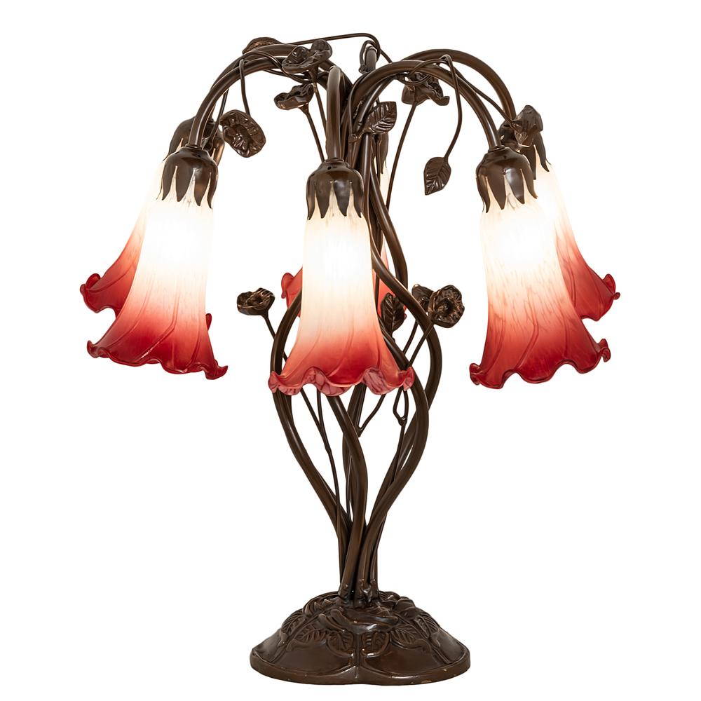 18" High Red/White Tiffany Pond Lily 6 Light Table Lamp. Picture 1