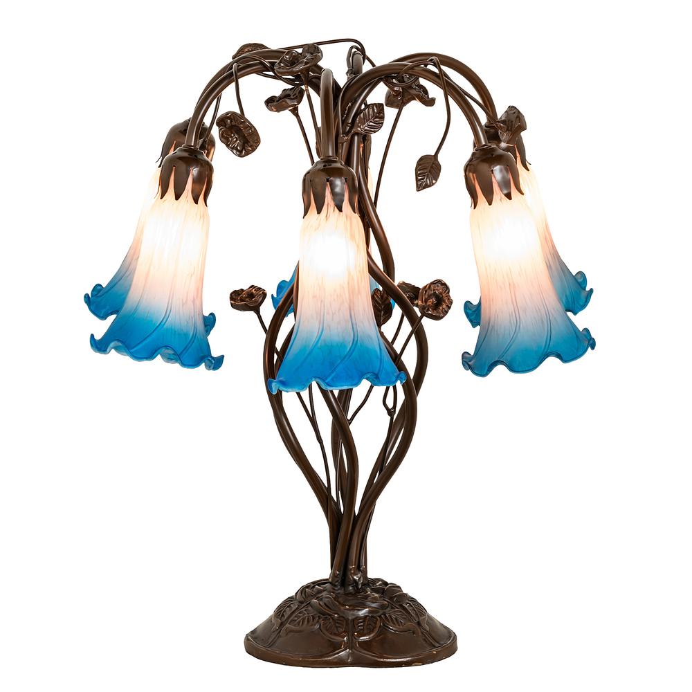18" High Pink/Blue Tiffany Pond Lily 6 Light Table Lamp. Picture 1