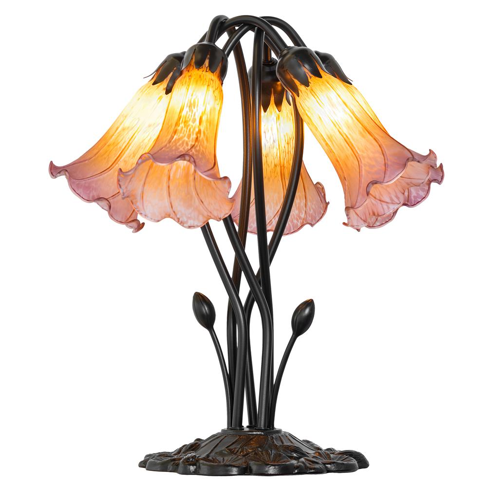 16" High Amber/Purple Tiffany Pond Lily 5 Light Table Lamp. Picture 1