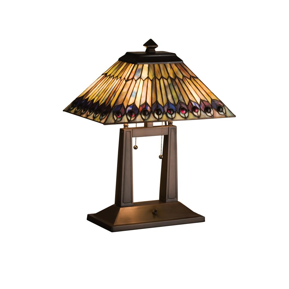 20"H Tiffany Jeweled Peacock Oblong Desk Lamp. Picture 1