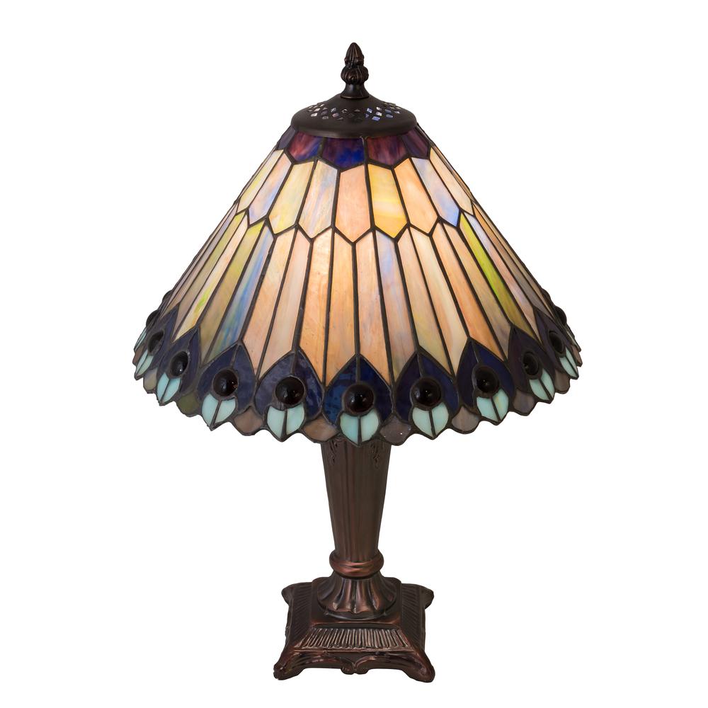 17" High Tiffany Jeweled Peacock Accent Lamp. Picture 1