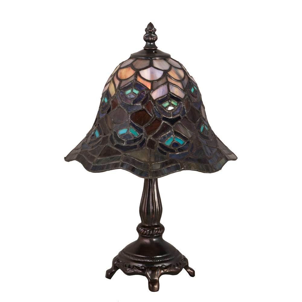 13.5"H Tiffany Peacock Feather Mini Lamp. Picture 1