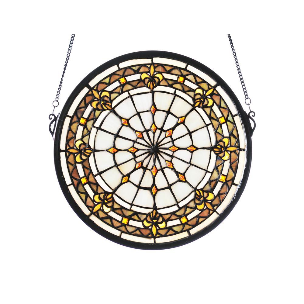 13" Round Fleur-de-Lis Medallion Stained Glass Window. Picture 1
