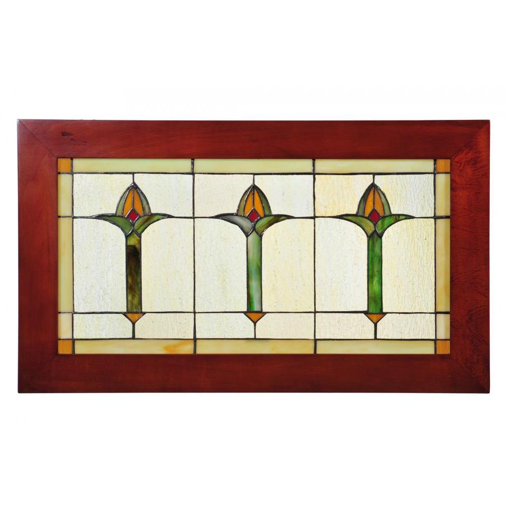 24" Wide X 14" High Arts & Crafts Bud Trio Wood Frame Stained Glass Window 97961. Picture 1