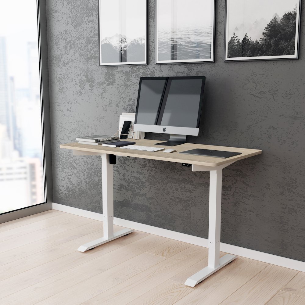Techni Mobili Power Adjustable Sit to Stand Desk, Oak. Picture 5